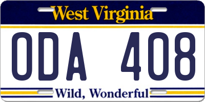 WV license plate ODA408