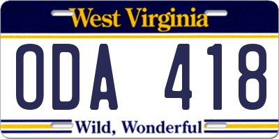 WV license plate ODA418