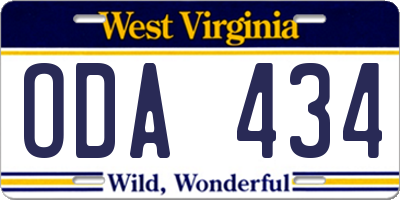 WV license plate ODA434