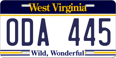 WV license plate ODA445