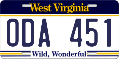 WV license plate ODA451