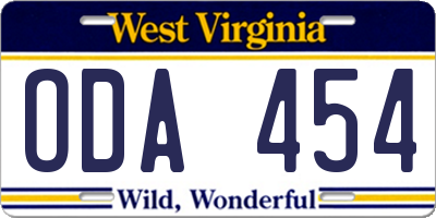 WV license plate ODA454