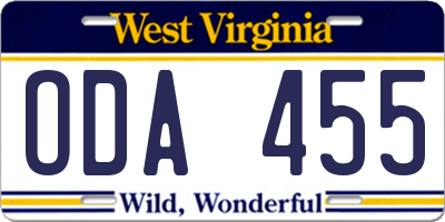 WV license plate ODA455