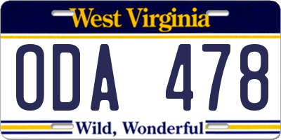 WV license plate ODA478