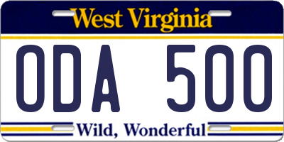 WV license plate ODA500