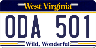 WV license plate ODA501