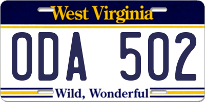 WV license plate ODA502