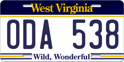 WV license plate ODA538