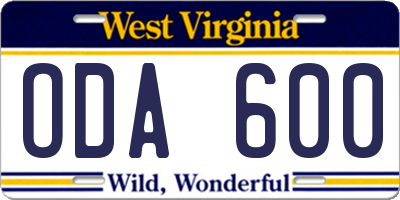 WV license plate ODA600