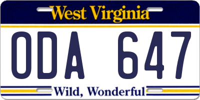WV license plate ODA647