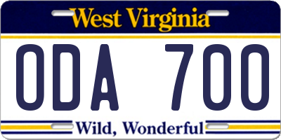 WV license plate ODA700
