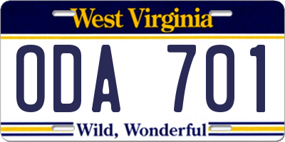 WV license plate ODA701