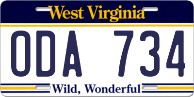 WV license plate ODA734