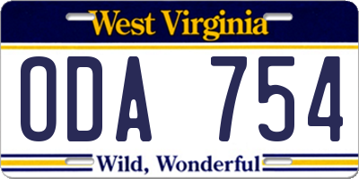 WV license plate ODA754