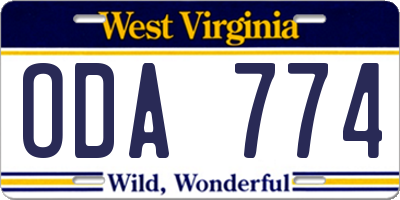 WV license plate ODA774