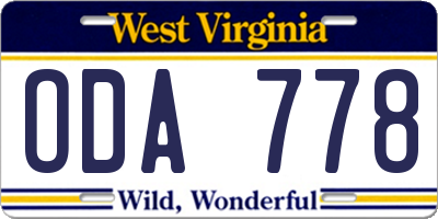 WV license plate ODA778