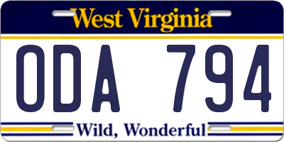 WV license plate ODA794