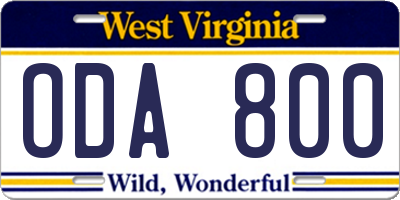 WV license plate ODA800