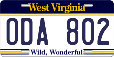 WV license plate ODA802