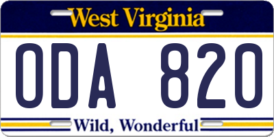 WV license plate ODA820