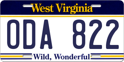 WV license plate ODA822