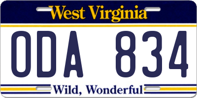 WV license plate ODA834