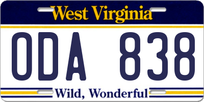 WV license plate ODA838