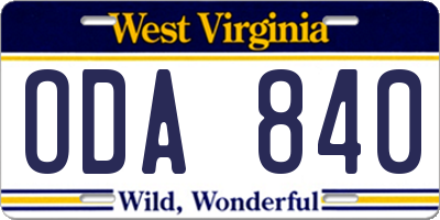WV license plate ODA840