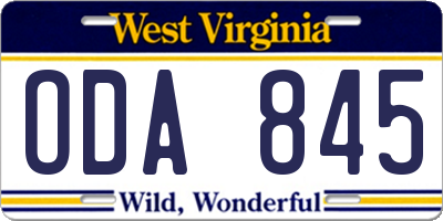 WV license plate ODA845