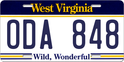 WV license plate ODA848