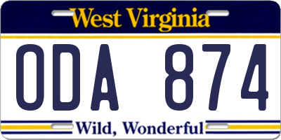 WV license plate ODA874