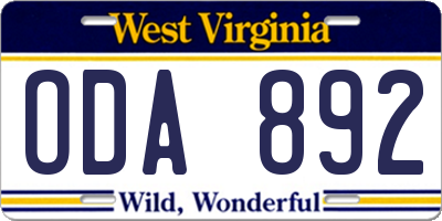 WV license plate ODA892