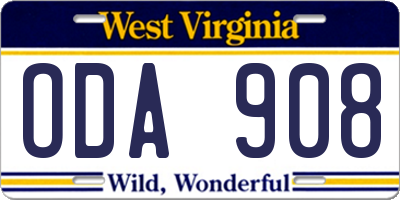 WV license plate ODA908