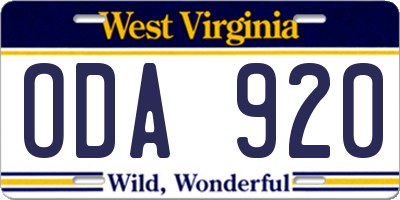 WV license plate ODA920