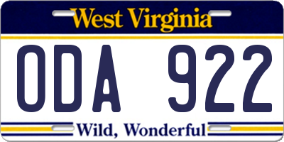 WV license plate ODA922