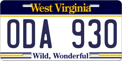 WV license plate ODA930