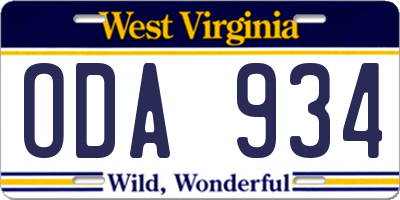 WV license plate ODA934