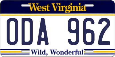 WV license plate ODA962