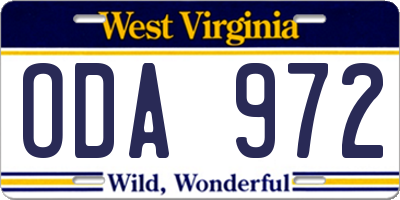 WV license plate ODA972