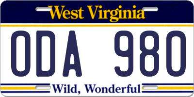 WV license plate ODA980