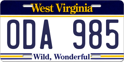WV license plate ODA985