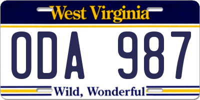 WV license plate ODA987