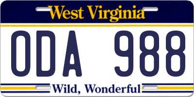 WV license plate ODA988