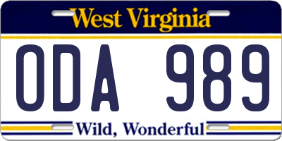 WV license plate ODA989