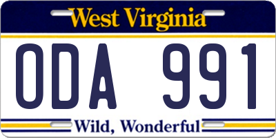 WV license plate ODA991