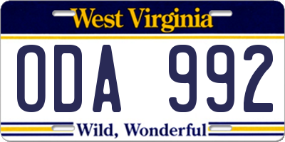 WV license plate ODA992