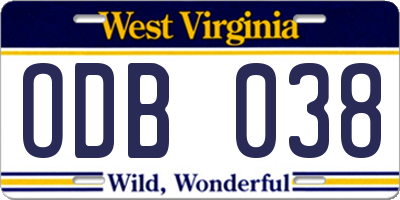 WV license plate ODB038