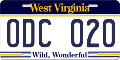 WV license plate ODC020