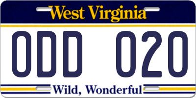WV license plate ODD020