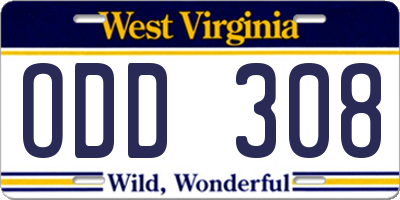 WV license plate ODD308